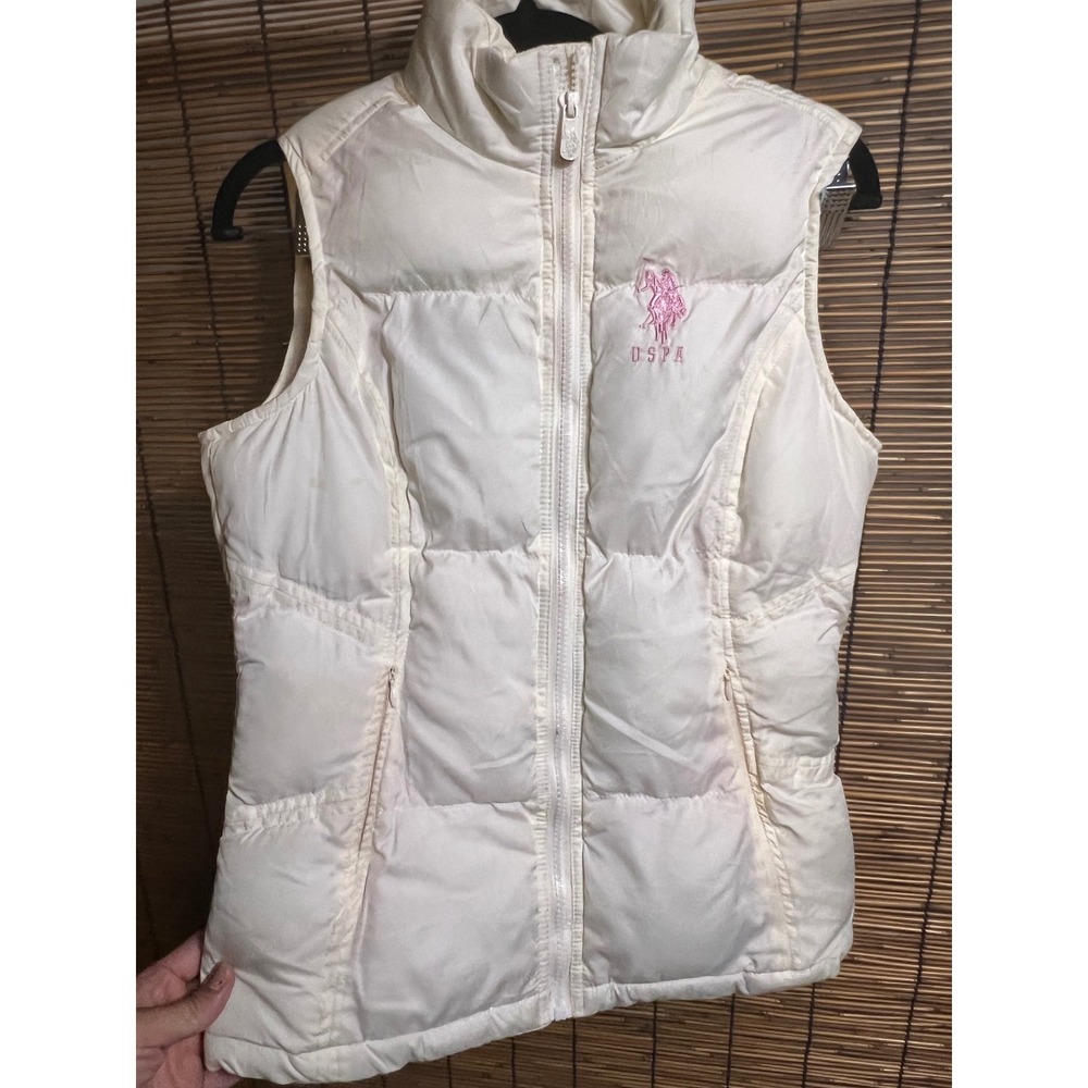 US Polo Assn Womens White Puffer Vest Pink Logo Size Small Sleeveless Jacket